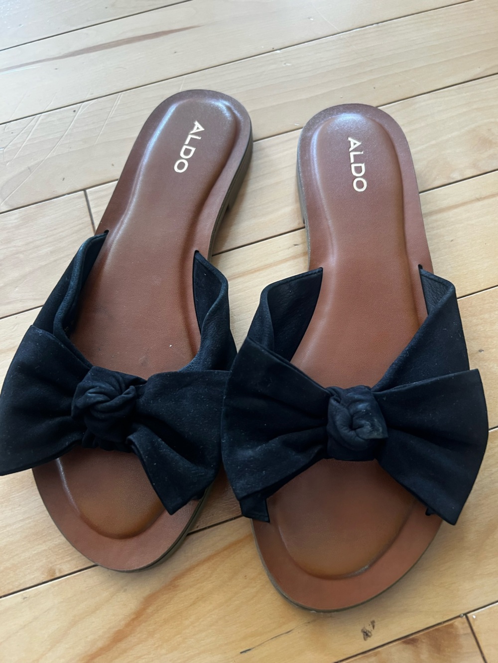 ALDO Black Bow Slide Sandals with Brown Footbed